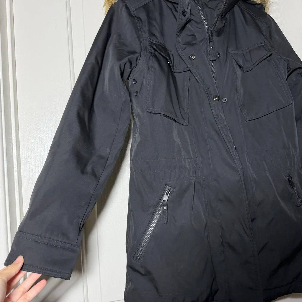 S13 Black Parka Anorak Coat Jacket with Faux Fur Hood Size Small S Neutral Warm